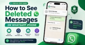 Step-by-step guide banner on How to See Deleted Messages on WhatsApp iPhone showing chat recovery interface, notification log options, and iCloud backup icons