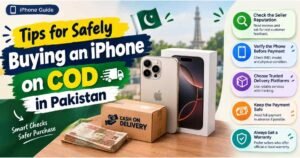 Informational guide banner on Tips for Safely Buying an iPhone on COD in Pakistan displaying Pakistani rupee notes, cash on delivery parcel, iPhone box, and verification steps