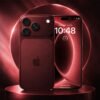 Front and rear view concept render of an iPhone 18 Pro Max in Deep Crimson with a horizontal visor camera module and thin bezels.