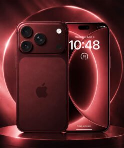 Front and rear view concept render of an iPhone 18 Pro Max in Deep Crimson with a horizontal visor camera module and thin bezels.