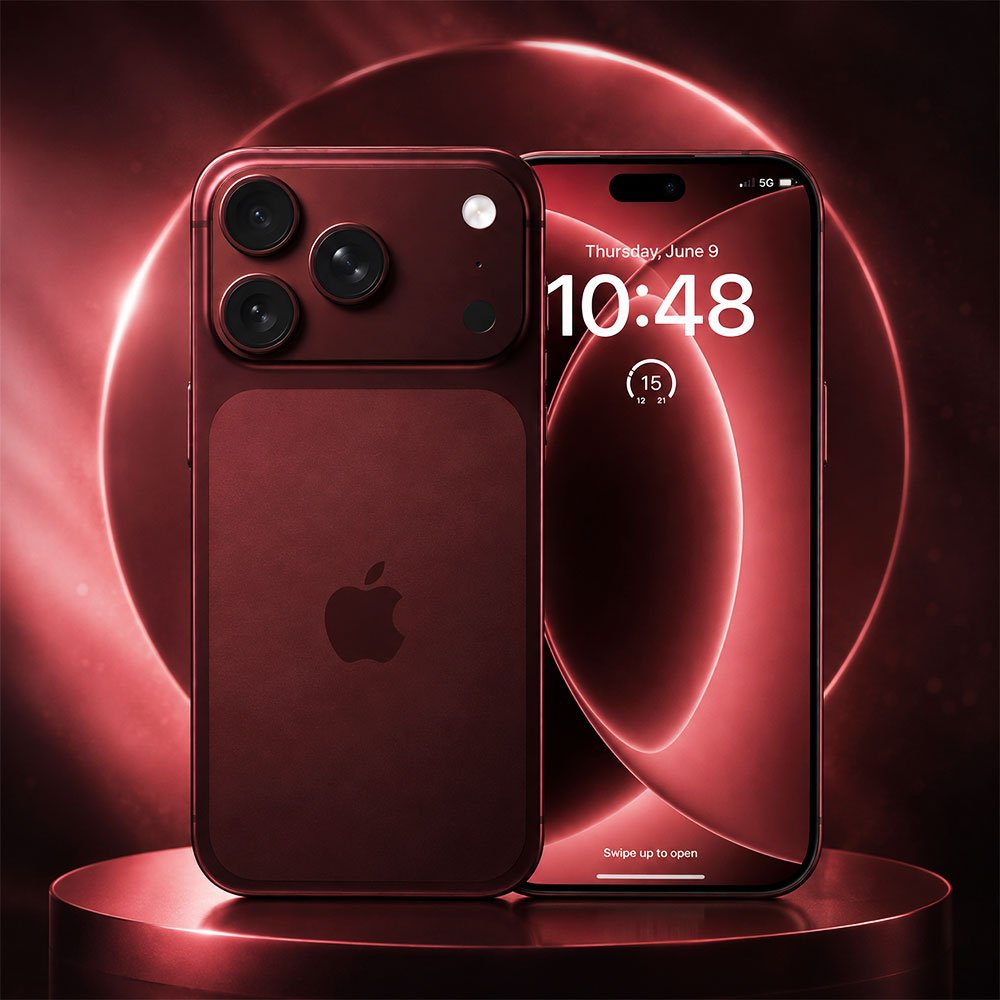 Front and rear view concept render of an iPhone 18 Pro Max in Deep Crimson with a horizontal visor camera module and thin bezels.