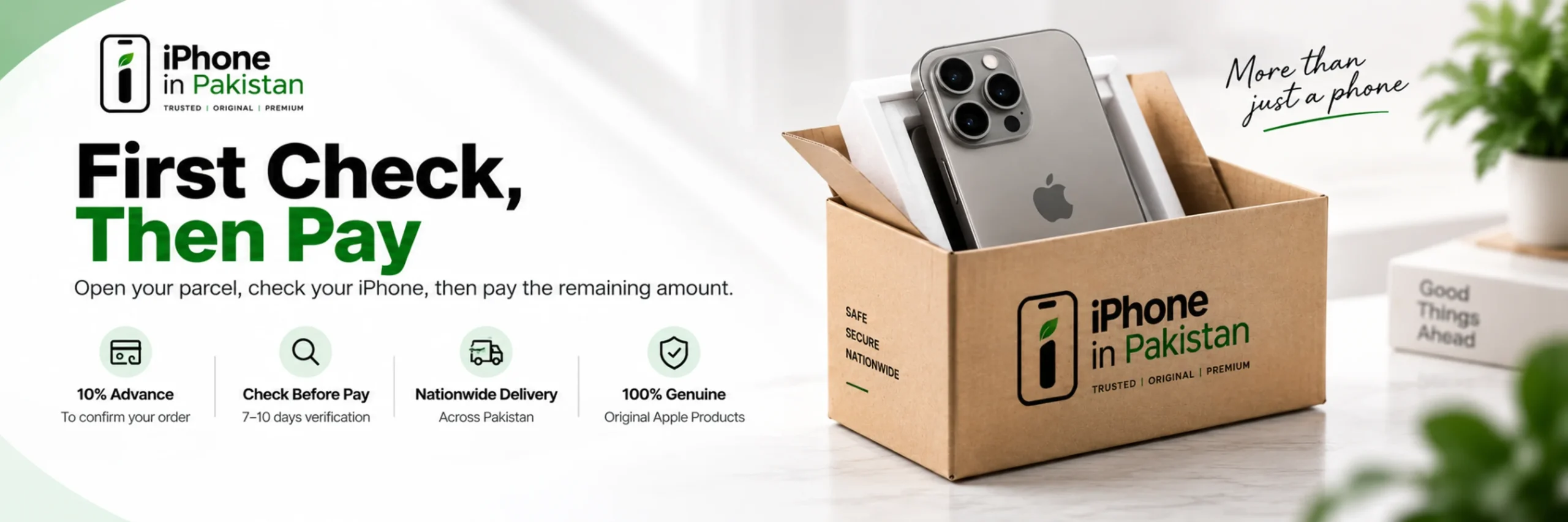 iPhone in Pakistan web banner showcasing an open delivery box with an Apple iPhone, labeled First Check, Then Pay