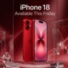 Promotional concept poster graphic of a Red iPhone 18 featuring a vertical dual-camera bump and front display on a glass pedestal.
