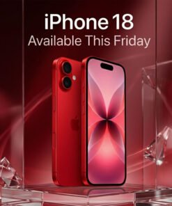 Promotional concept poster graphic of a Red iPhone 18 featuring a vertical dual-camera bump and front display on a glass pedestal.