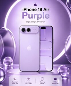 Promotional concept poster graphic of an ultra-thin Purple iPhone 18 Air showcasing a horizontal dual-camera visor and front display against a purple background.