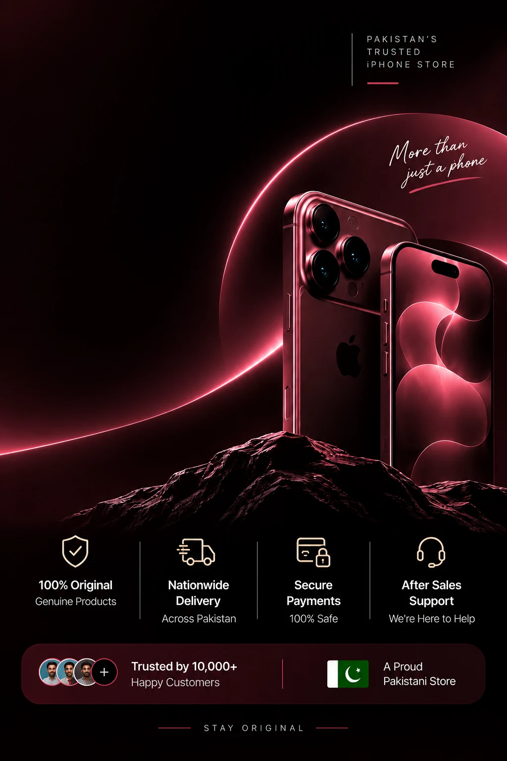 Dark red promotional banner for iPhone Price in Pakistan showing PTA Approved, Non-PTA, and JV iPhones with a Shop iPhones button