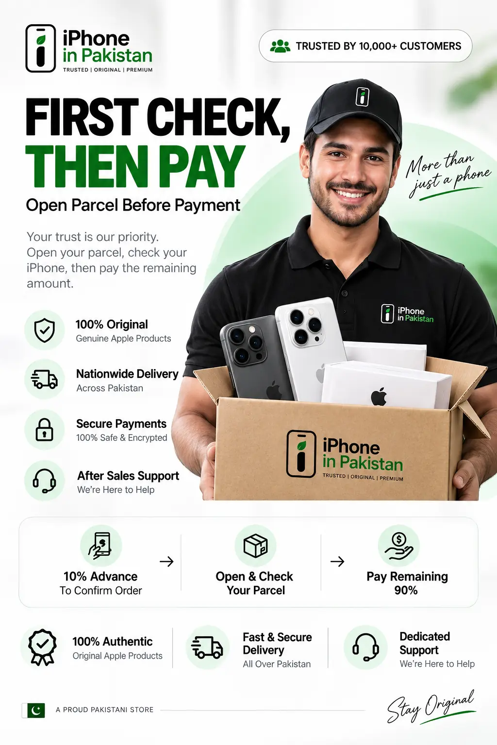 iPhone in Pakistan promotional banner featuring delivery man holding parcel box with iPhones, text stating First Check Then Pay and Open Parcel Before Payment